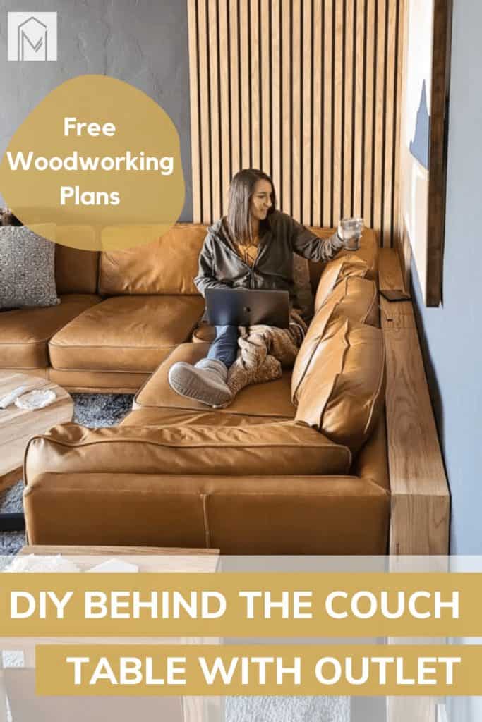 Girl sitting on leather couch with slim table behind it with text overlay that says free woodworking plans for DIY behind the couch table with outlet