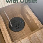 Table with outlet and text overlay that says DIY sofa table with outlet