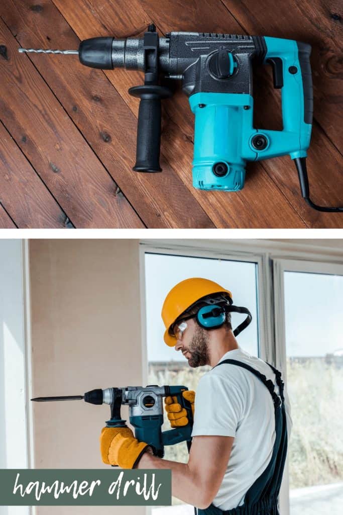A two image collage of a hammer drill. The top image shows a blue corded hammer drill with a long bit laying on a wooden floor. The bottom image shows a man holding the hammer drill. He's wearing a construction safety helmet, safety glasses, and ear protection, as well as yellow construction gloves.