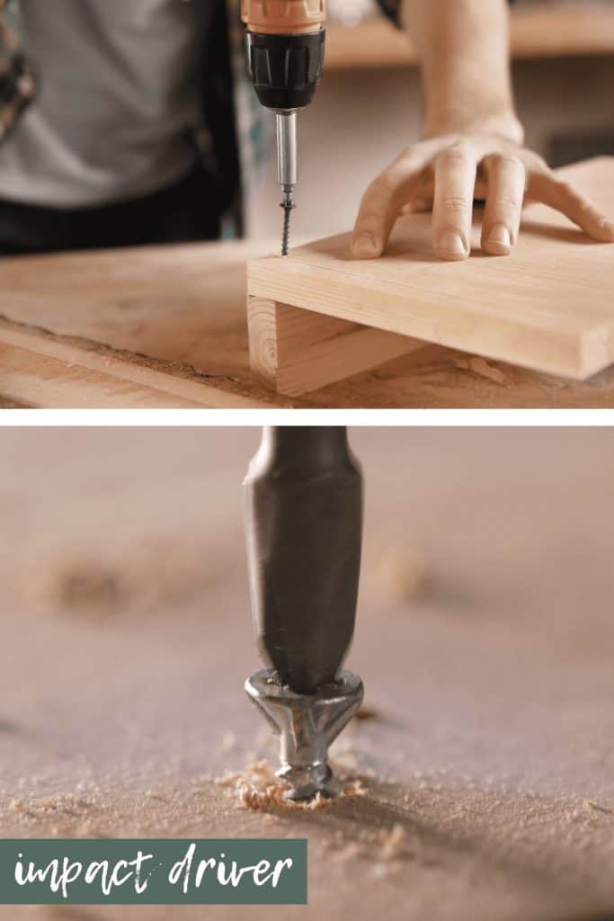 A collage of two images showing a person using an impact driver. The top image shows a person driving a nail into a piece of wood using the impact driver. The bottom image shows a very closeup image of a nail screwing into wood.