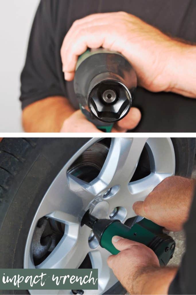 A two image collage shows a person holding and using and impact wrench. The top image shows the person holding the wrench facing the camera. The bottom picture shows a person using the impact wrench to remove lug nuts from a car tire.