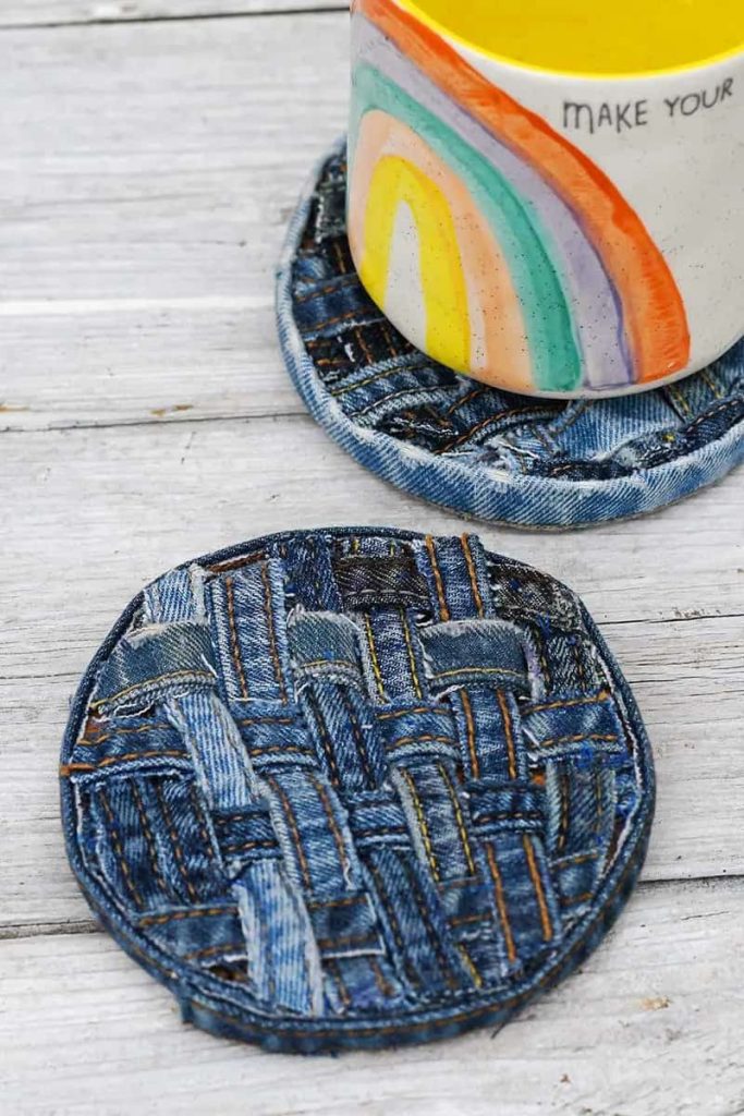 coaster upcycled from jeans with rainbow coffee mug