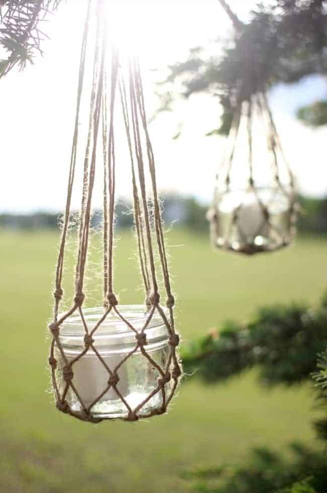 macrame lantern holders with glass jars