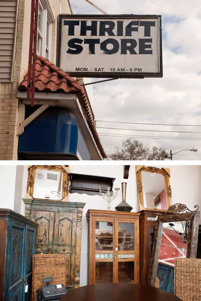 Two image collage of the outside sign over a thrift store and inside of wood cabinets and frames.