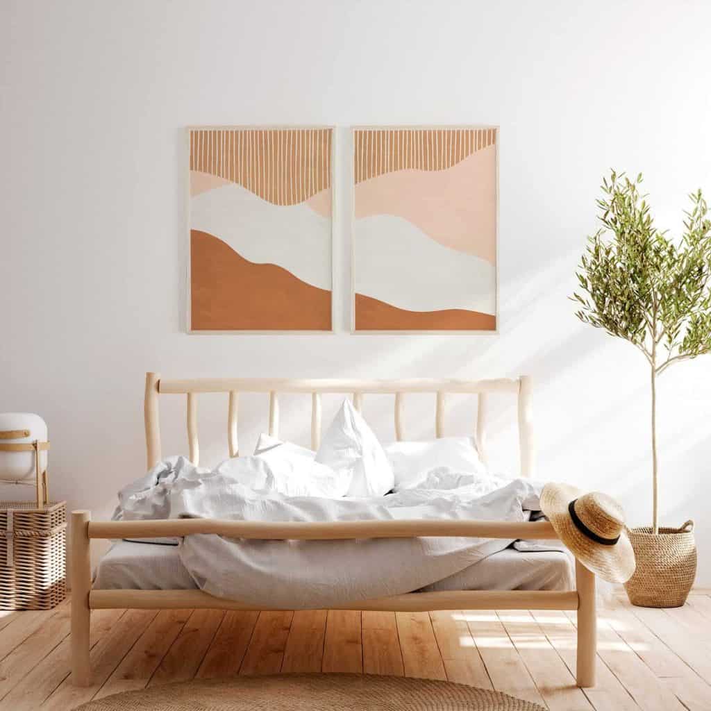 A big part of the modern bohemian style is abstract shapes. You can add abstract shapes to your bedroom in several different ways. Whether it is a patterned throw pillow on the bed, a painted arch on the wall, or abstract boho wall decor. 