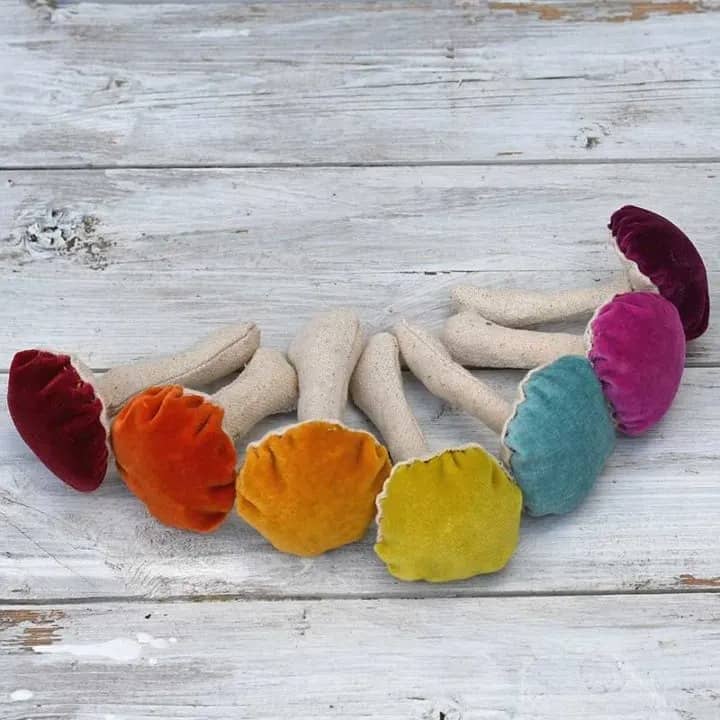 fabric mushrooms sewn in different colors