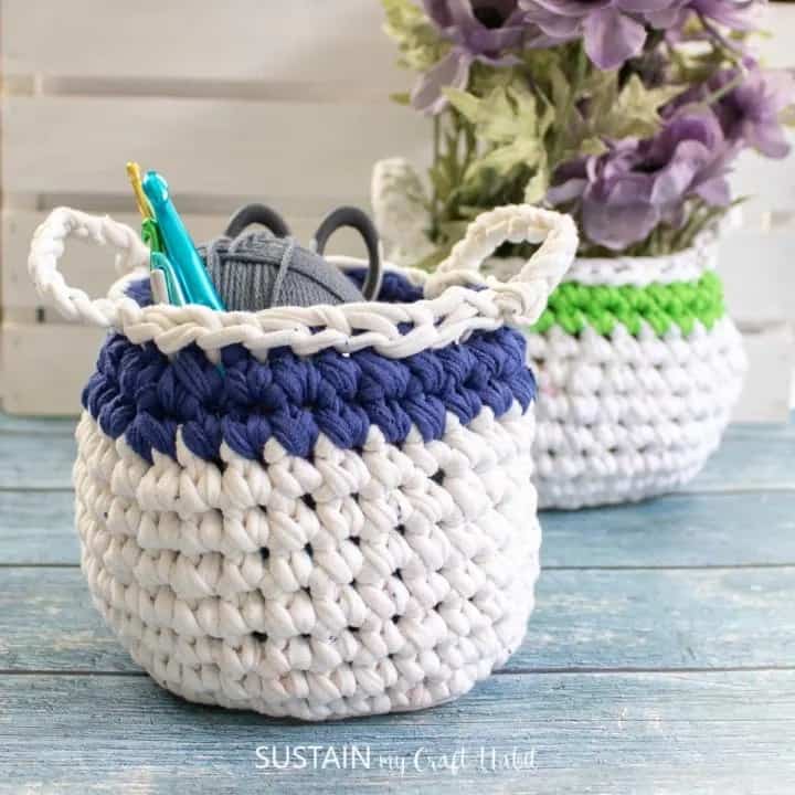 purple and white crochet basket