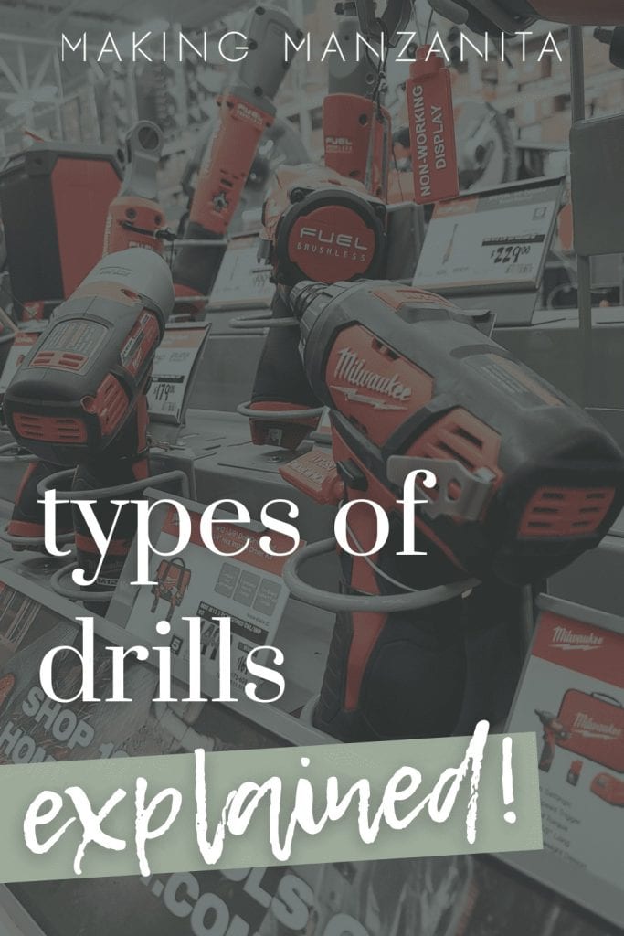 A grayed out background image of a Milwaukee Tools drill display in a hardware store. Text across the image reads, "types of drills explained!"
