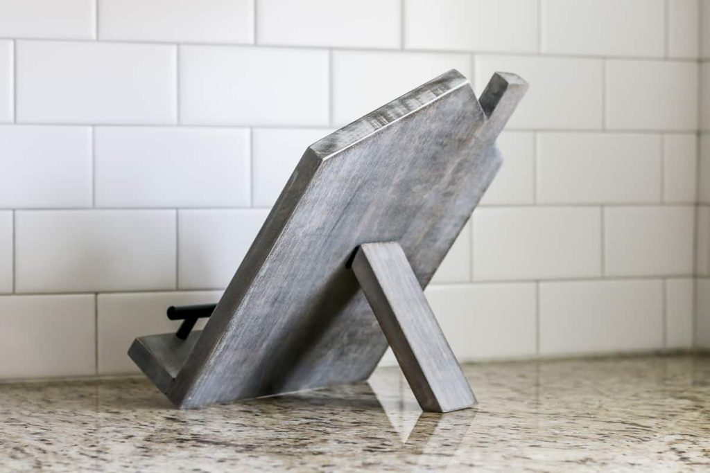 Image of the back of the DIY cookbook stand sitting on the kitchen counter.