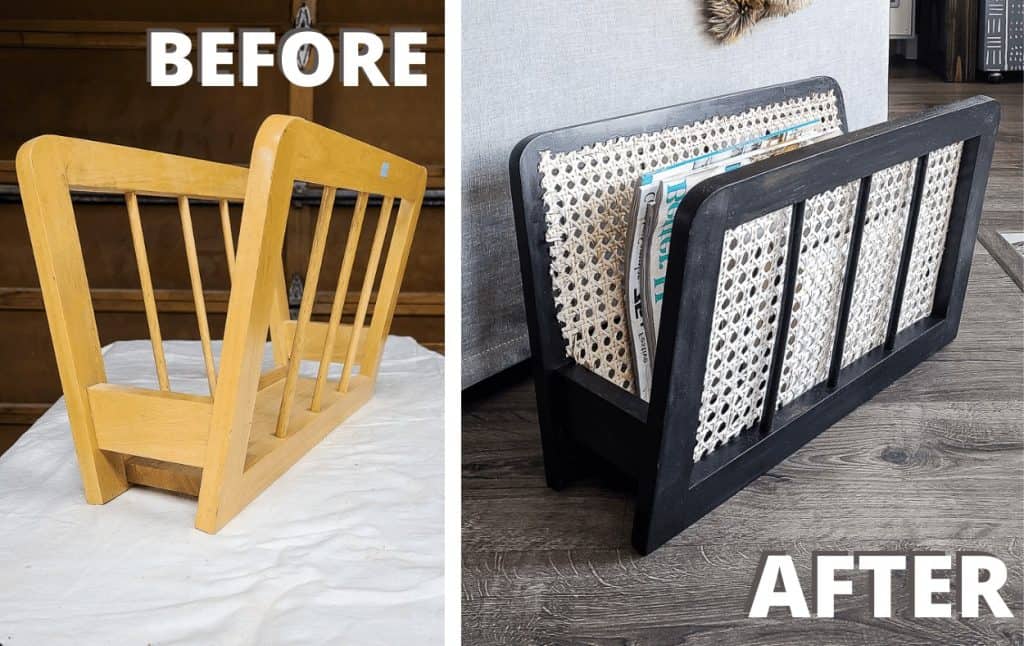 A collage of two side-by-side images shows the before and after pictures from this DIY wooden magazine holder makeover. The image on the left shows a light sand-colored wooden magazine holder, and the image on the right shows the same piece stained dark black with cane webbing applied on the inside.