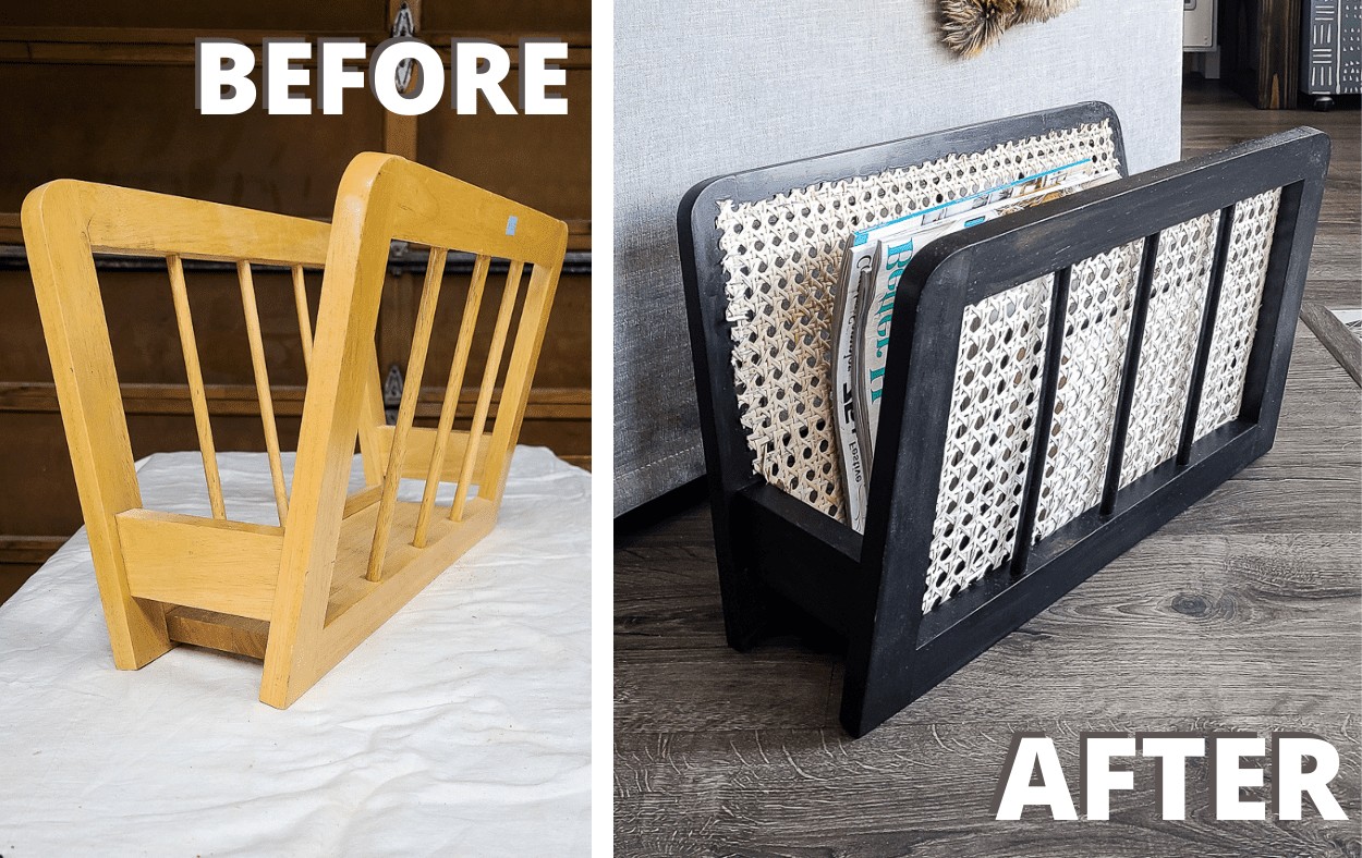 before and after version of stained magazine rack