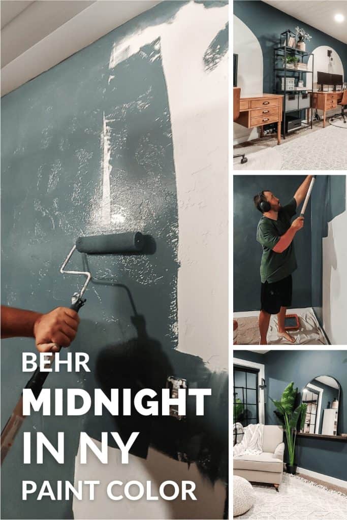 Image collage painting the wall using Behr Midnight in NY with text overlay "BEHR Midnight in NY Paint Color.