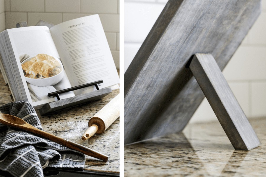 Two image collage of gray washed wood DIY cookbook stand with open cookbook next to a rolling pin and a wooden spoon laying on a gray kitchen towel and a closeup image of the back of the cookbook stand showing the gray washed finish.