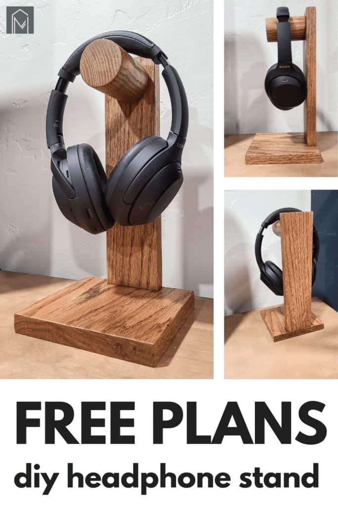 Image collage of wooden headphone stand with headphones hanging on it with text overlay "Free plans DIY headphone stand"