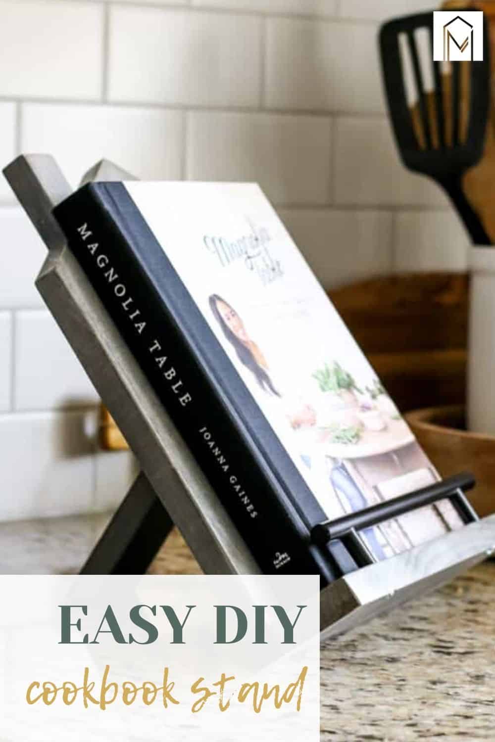 image of DIY cookbook stand with cookbook and text overlay 