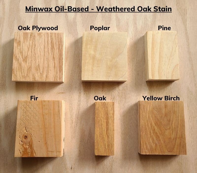 weathered oak stain tested on six different types of wood