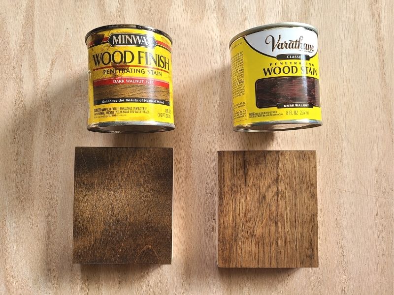 Minwax Dark Walnut vs. Varathane Dark Walnut compared on two different pieces of wood
