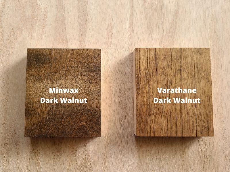 Minwax Dark Walnut vs. Varathane Dark Walnut on wood pieces