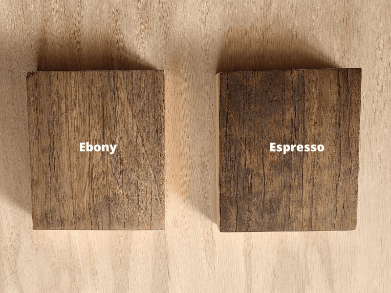 Image comparison of ebony and espresso stain on wood squares.