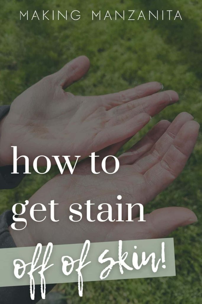 Woman's hands with gel stain on them with text overlay "how to get stain off of skin!"