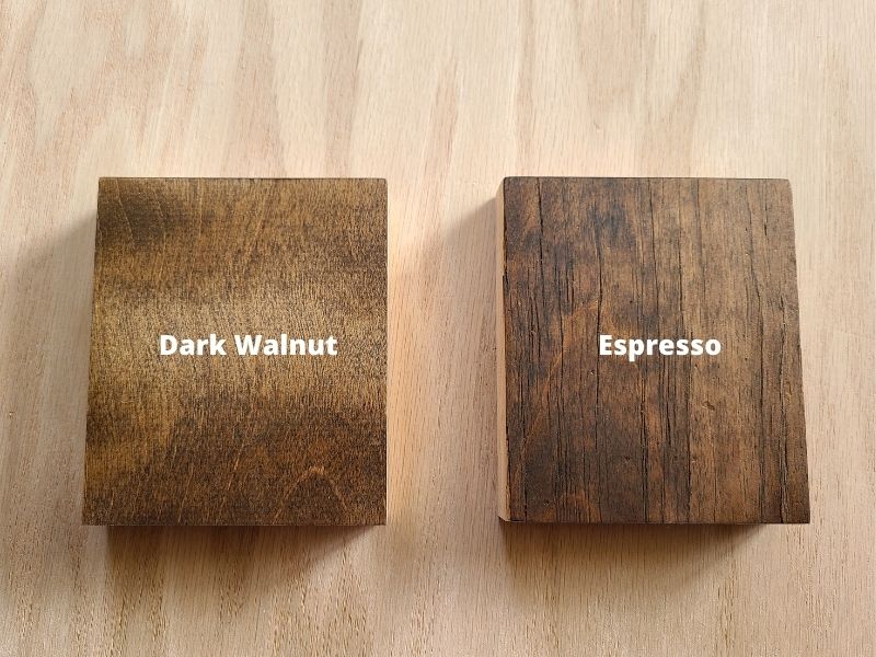 image comparison of dark walnut vs espresso on wood squares.