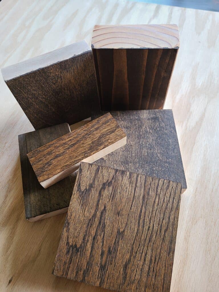Scrap pieces of different types of wood using jacobean stain. 