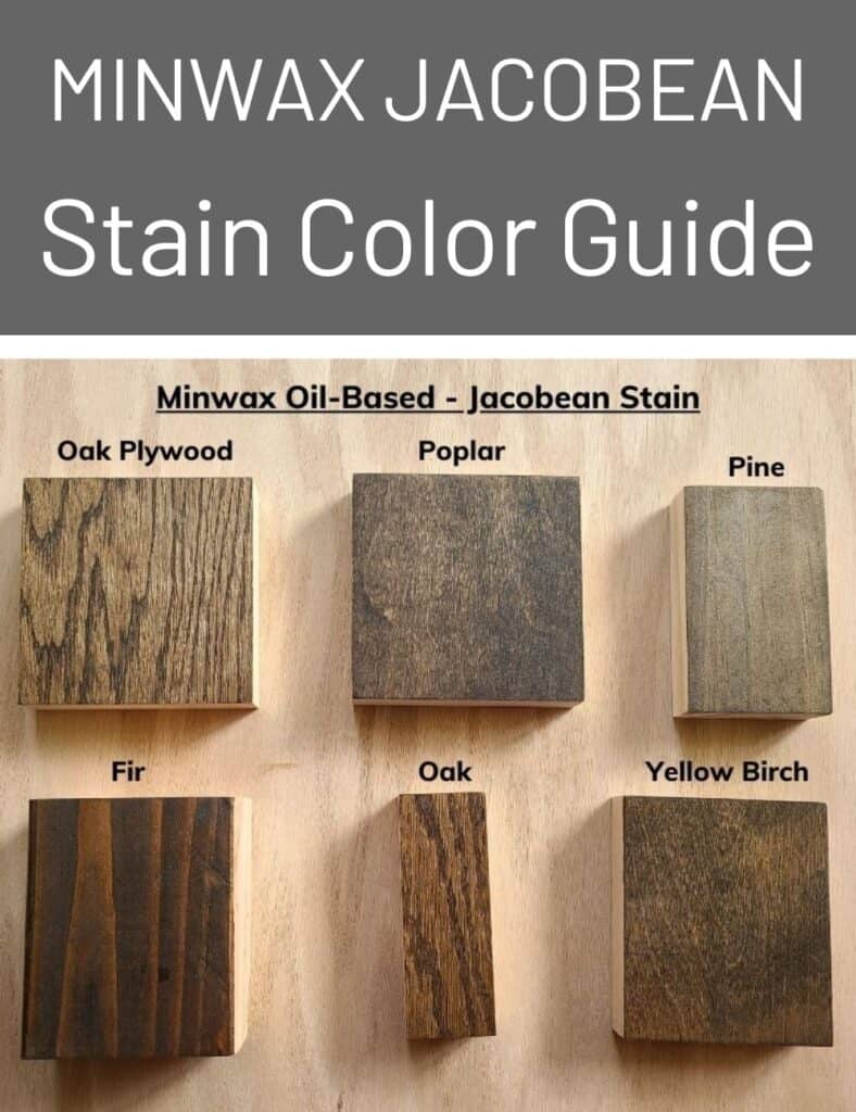 image of types of wood with jacobean stain with text overlay saying 