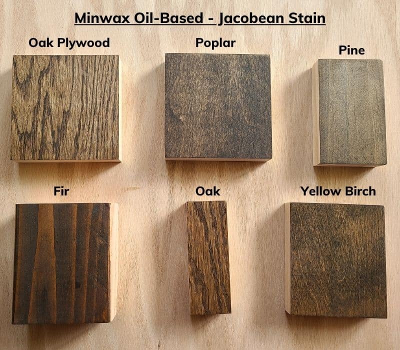 Image comparison of jacobean stain on wood squares of oak plywood, poplar, pine, fir, oak, and yellow birch.