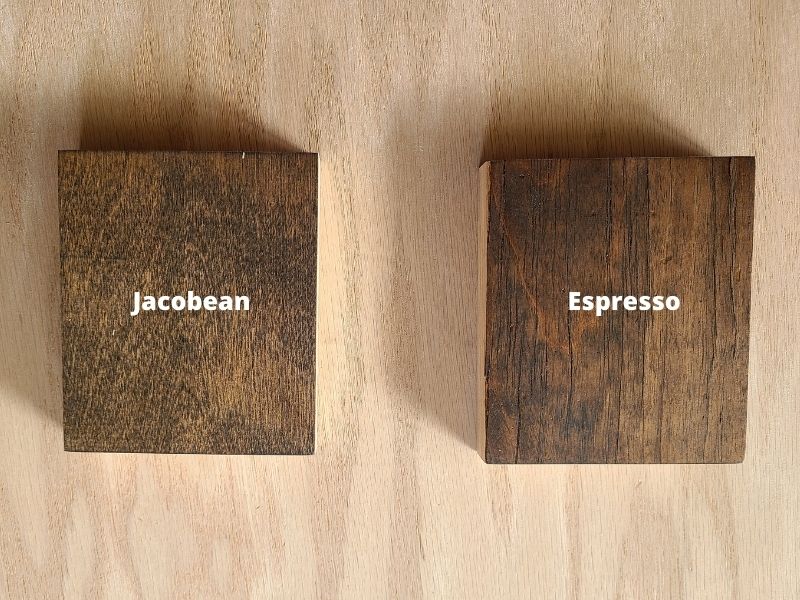 Image comparison of jacobean and espresso stain on wood squares.