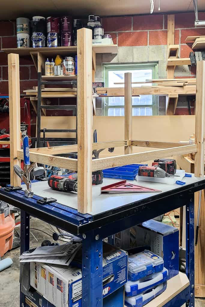 The leg wood is assembled in the process of creating the Outdoor Toy Deck Box.