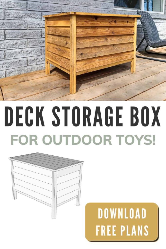Image of DIY deck box and image of the plan mock up image with text "Deck Storage Box for Outdoor Toys" Download Free Plans