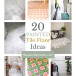 Image collage of eight painted tile floor ideas with text overlay "20 Painted Tile Floor Ideas"