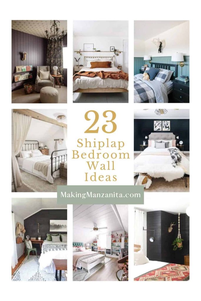 image collage of eight shiplap bedroom wall ideas with text overlay "23 Shiplap Bedroom Wall Ideas"