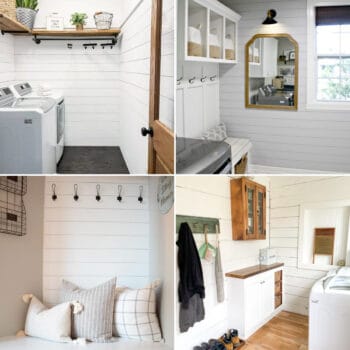 Four image collage of shiplap laundry room and mudroom ideas