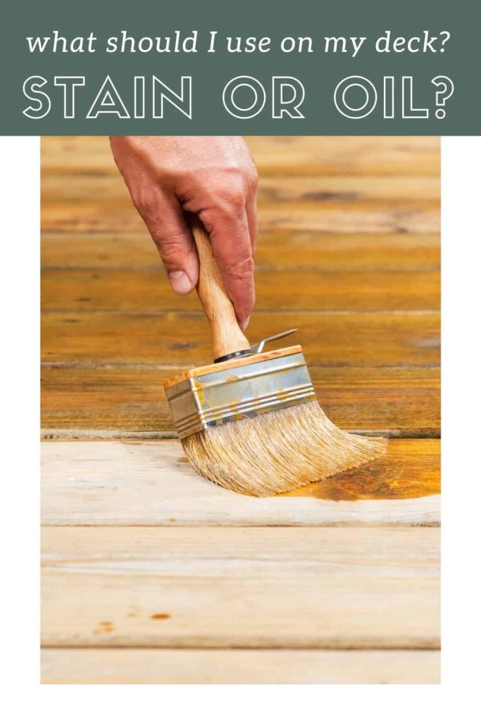 Man holding a brush applying sealer to deck boards with text overlay 