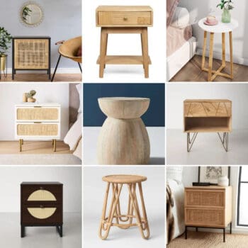 image collage of nine modern boho nightstands