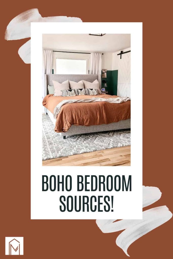 An edited image features a picture of a king-size bed dressed with new bohemian style bedding in rich, warm, neutral colors. There's a rust-brown and white border around the image, and text that reads 