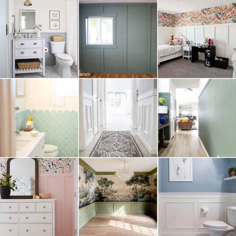 image collage of nine DIY wainscoting ideas