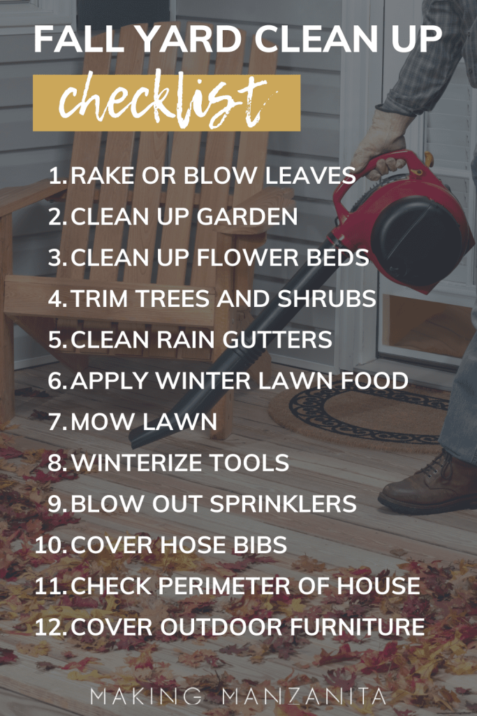12 fall check list items overlayed on image of man using a leaf blower to clean leaves off a porch.