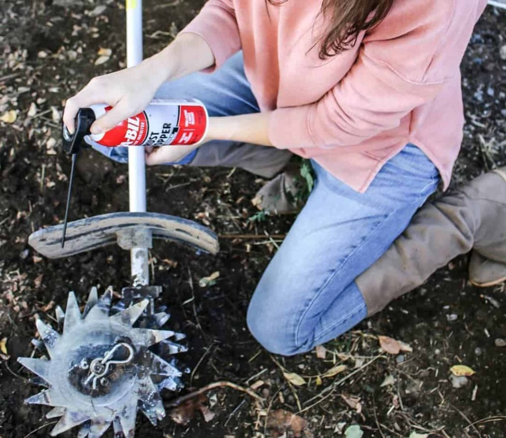 Doing preventative maintenance and winterizing a garden tiller with rust stopper