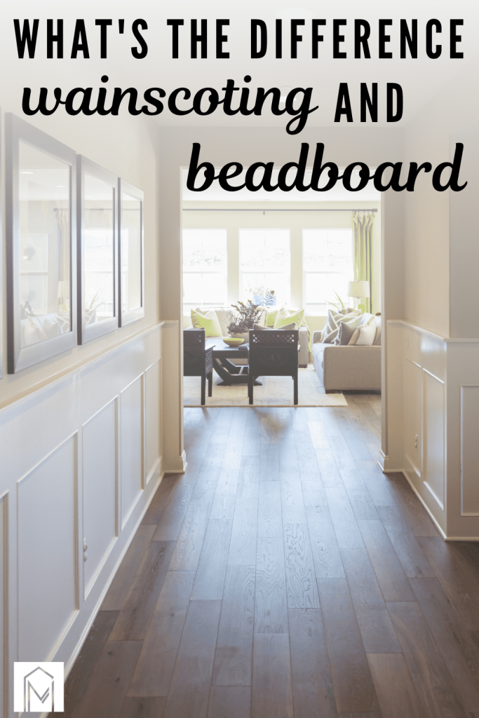 Hallway looking into living space with wainscoting on the wall and text overlay 