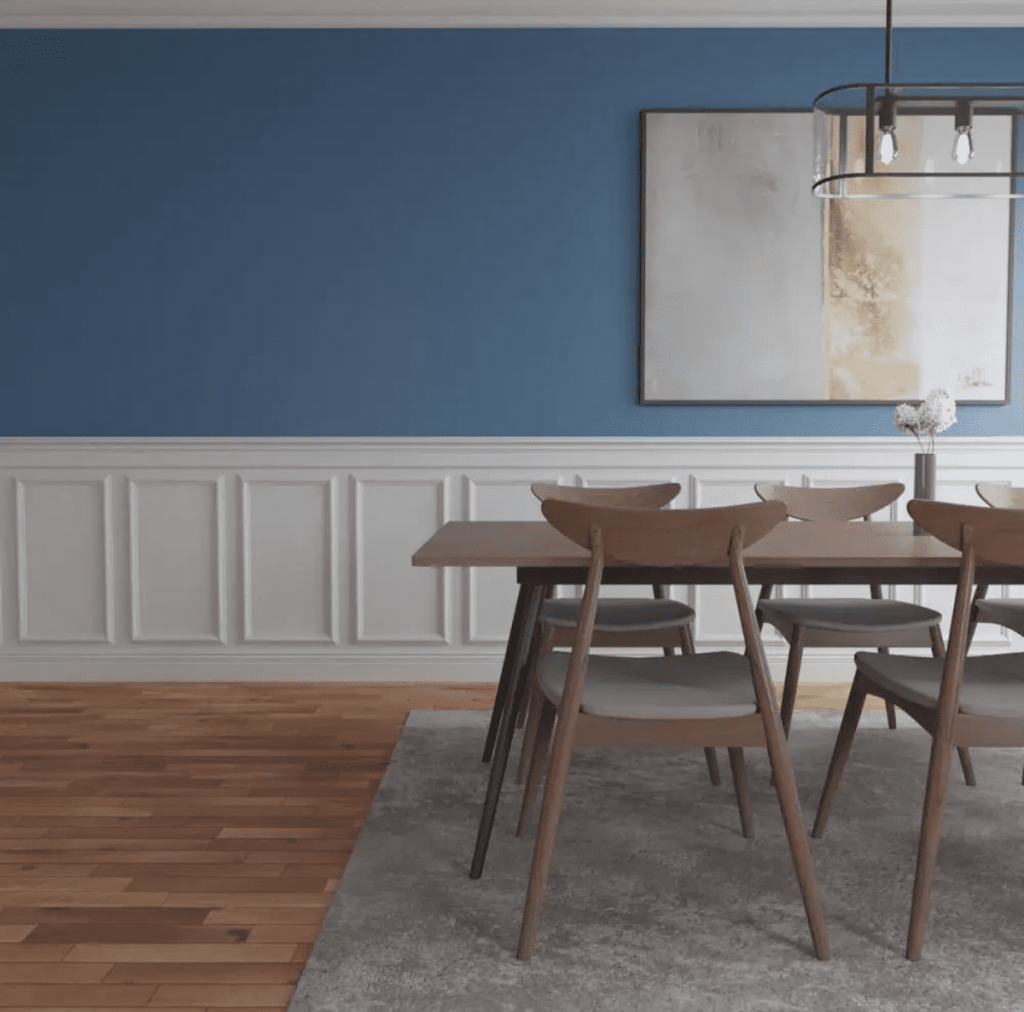 I love this modern style dining room image with wainscoting on the bottom half of wall with top half painted blue.