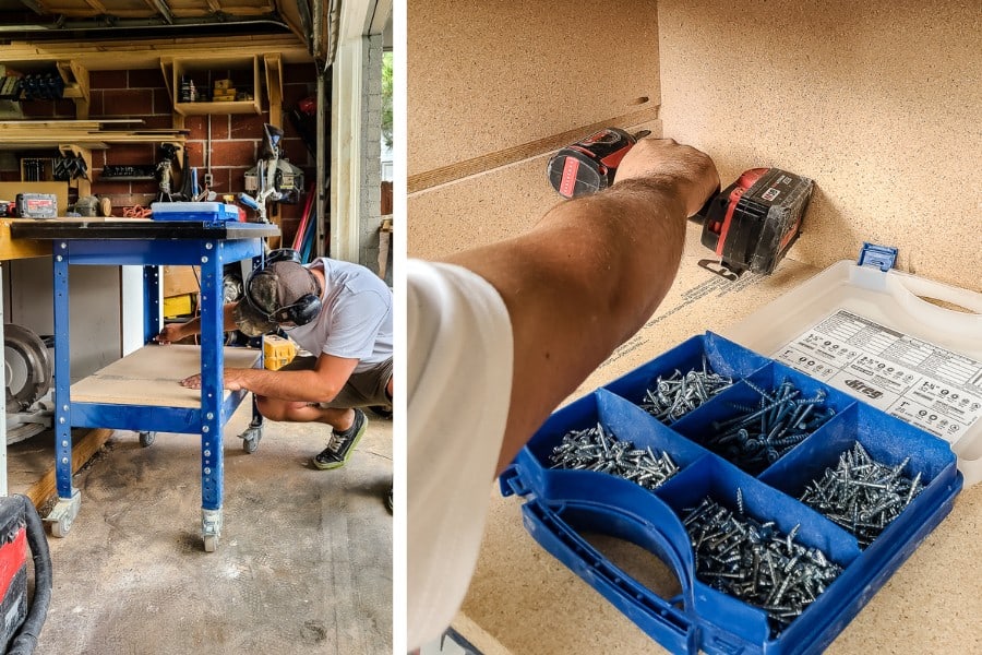 Installing DIY tool organizer for the bottom of the Kreg tool stand to store tools. 