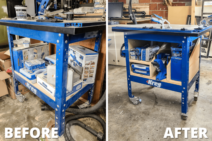 Here's a before and after look of the bottom of our Kreg table with the DIY tool organizer built to store and organize our woodworking tools better in our workshop.