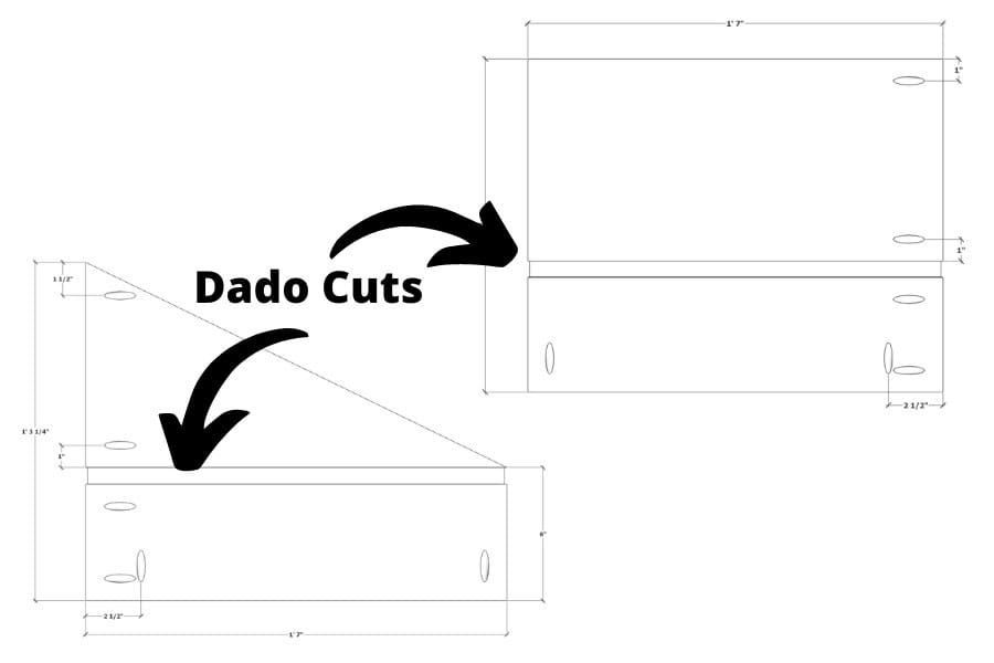 Locations of dado cuts labeled on woodworking plans