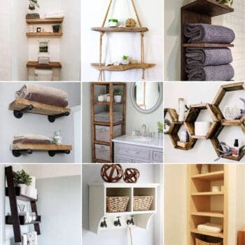 Image collage of nine amazing DIY bathroom shelf ideas.