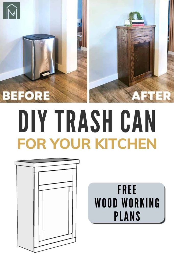 Before and after DIY trash can cabinet with plan drawing and text overlay saying DIY Trash can for your kitchen.