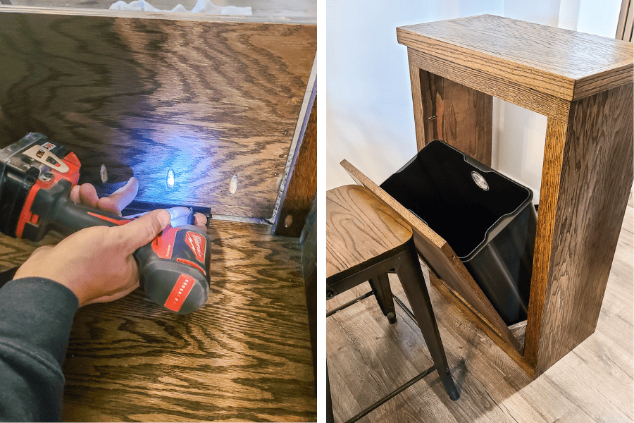 Attach a piano hinge to the bottom of the trash can cabinet for added functionality.

