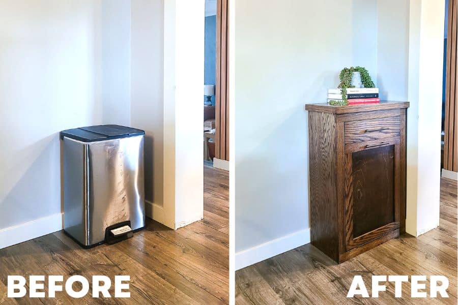 the before and after picture of a DIY trash can cabinet.