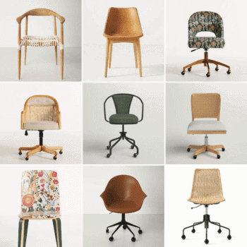 image collage of 9 boho desk chairs